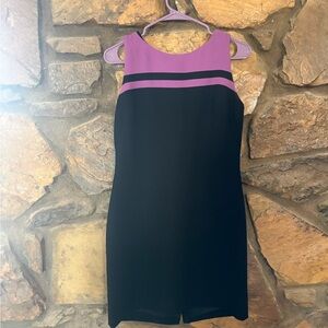 Petite Sophisticate Black Midi Dress with Purple Yoke and Stripes